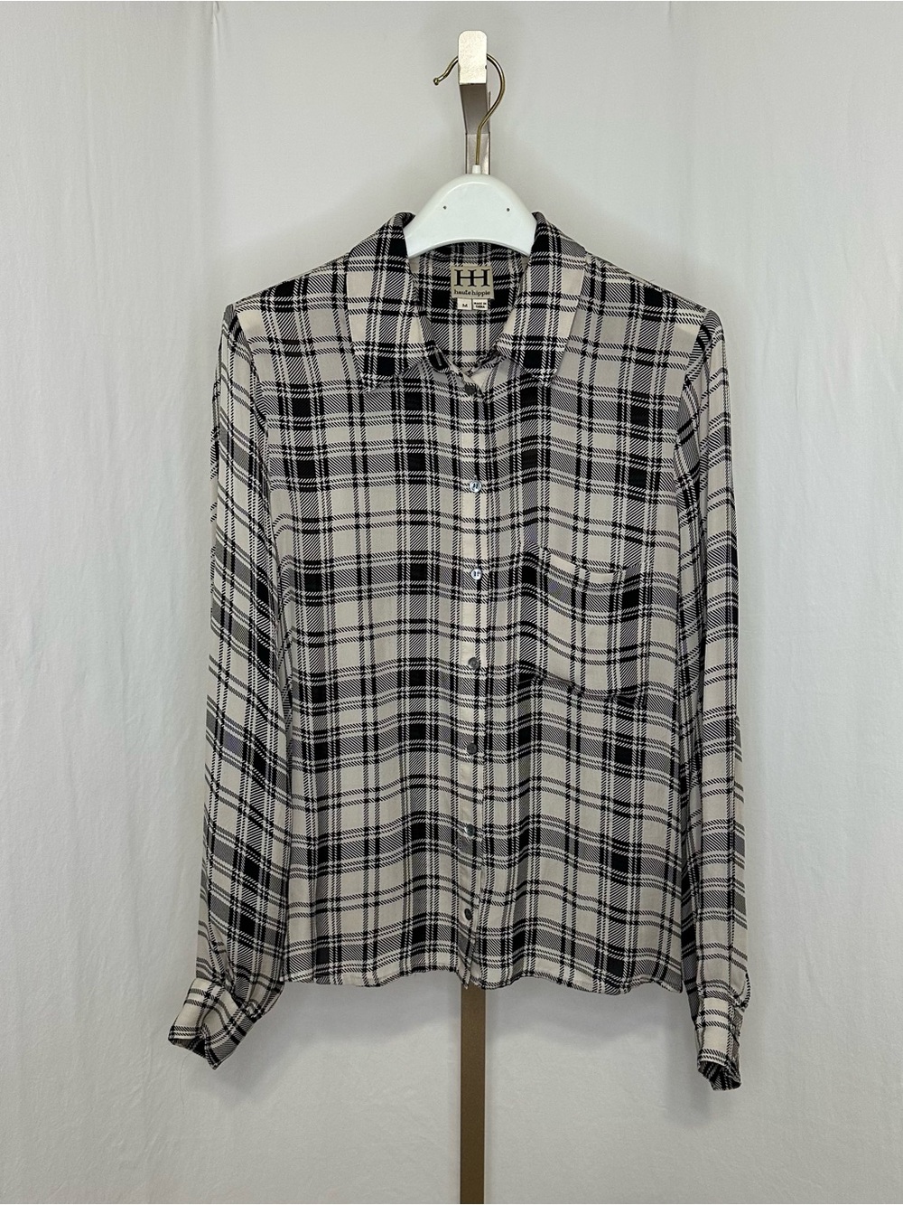 Haute Hippie Black and White Plaid Button-Up 100% silk Shirt